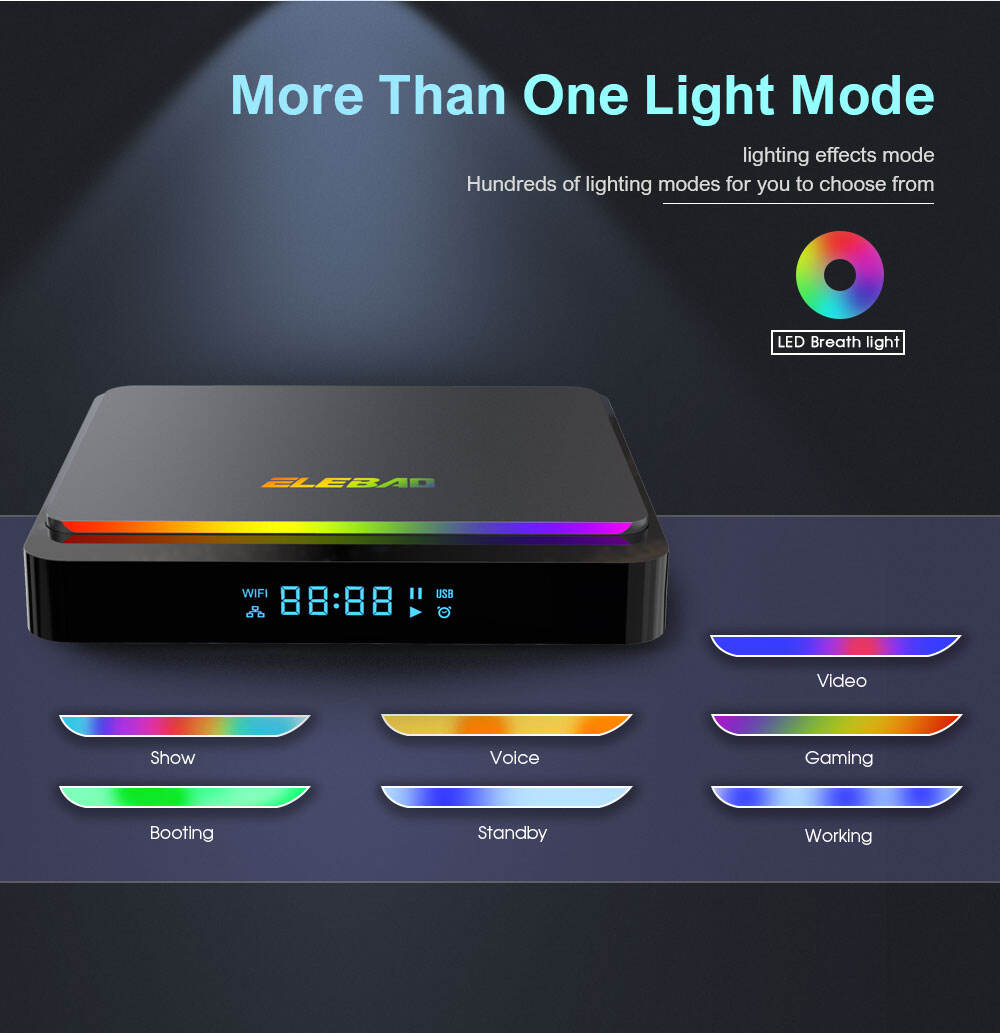 Patent design Android 11 S905X4 2.4/5G dual band wifi 8K AV1 decode with Dynamic RGB light smart tv box details