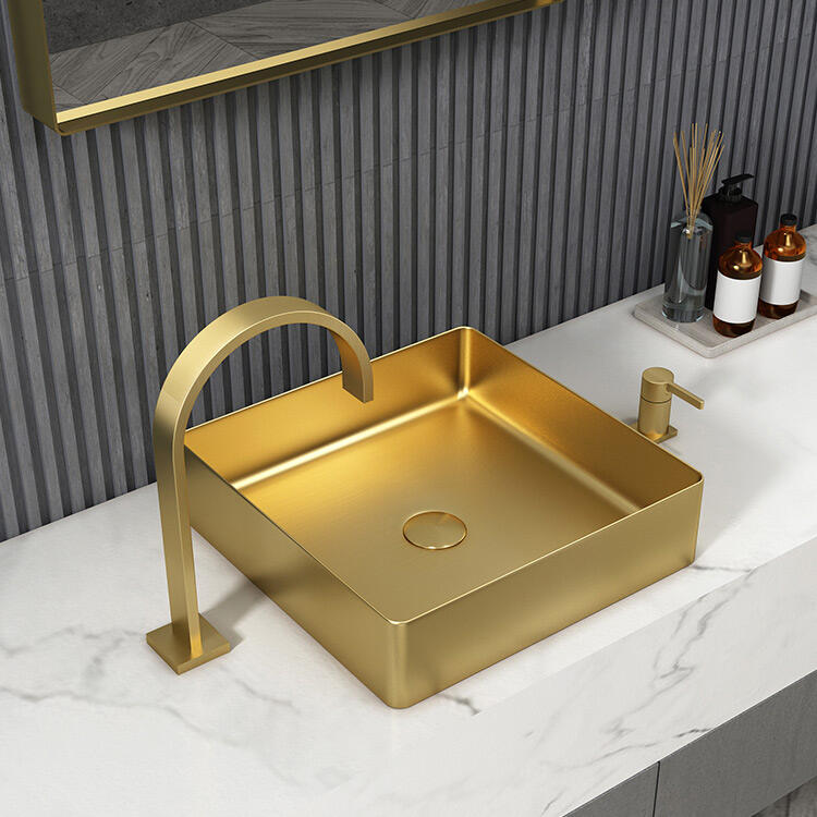 High Quality Durable Thin Edge Bathroom Square Wash Basin Stainless Steel Cabinet Decor Gold Faucet Bathroom Sink details