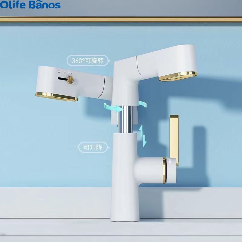 Olifebanos 3 Mode White Gunmetal Gold Rotating Spout Bathroom Faucet Temperature Display Bathroom Pull Out Faucet supplier