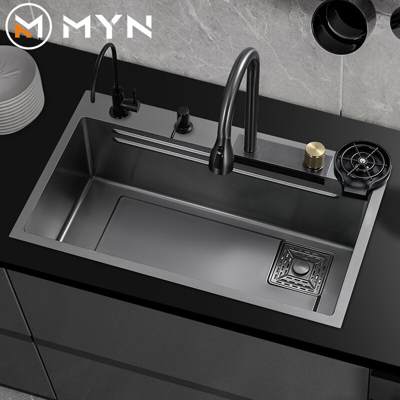 Tiktok Trends Stainless Steel All in One Kitchen Sink With Pull Down Faucet Waterfall Kitchen Faucet With Kitchen Drain manufacture