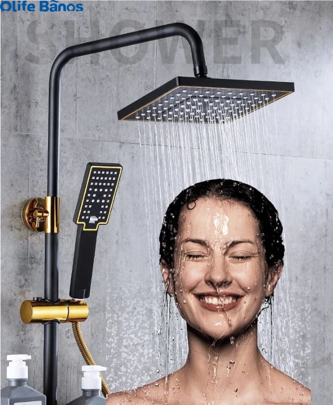 Olife Banos Bathroom Shower System Senducs Black Gold Bathtub Mixer Faucet Hot Cold Bathroom Tap Thermostatic Shower Set details