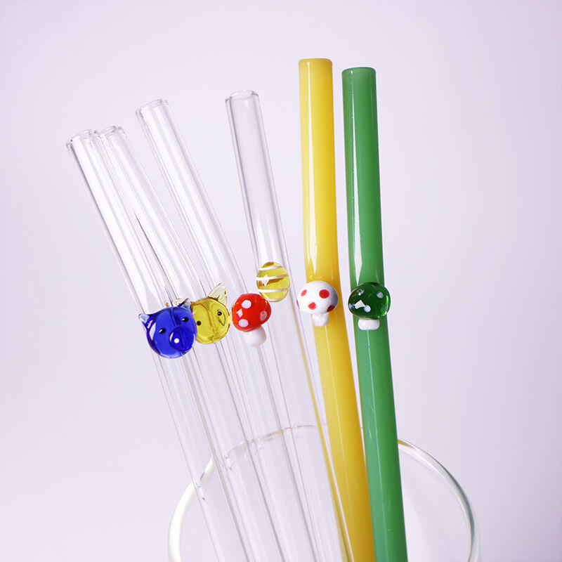 20cm 8mm Eco Friendly Reusable Borosilicate Clear Bent Glass Drinking Straw With Mushroom details