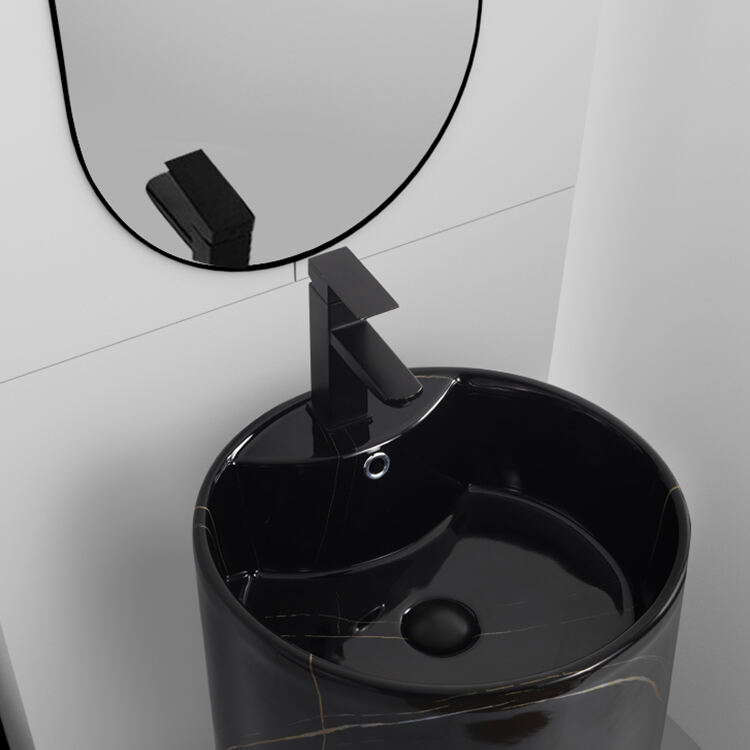 Factory Unique Design Marble Black Bathroom Round Pedestal Floor mounted Freestanding Basin supplier