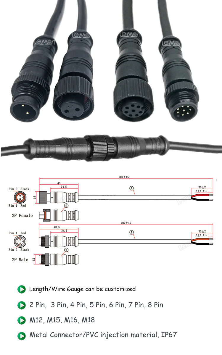 M12 Outdoor led lighting waterproof connector cable standard circular 2 pin connector details