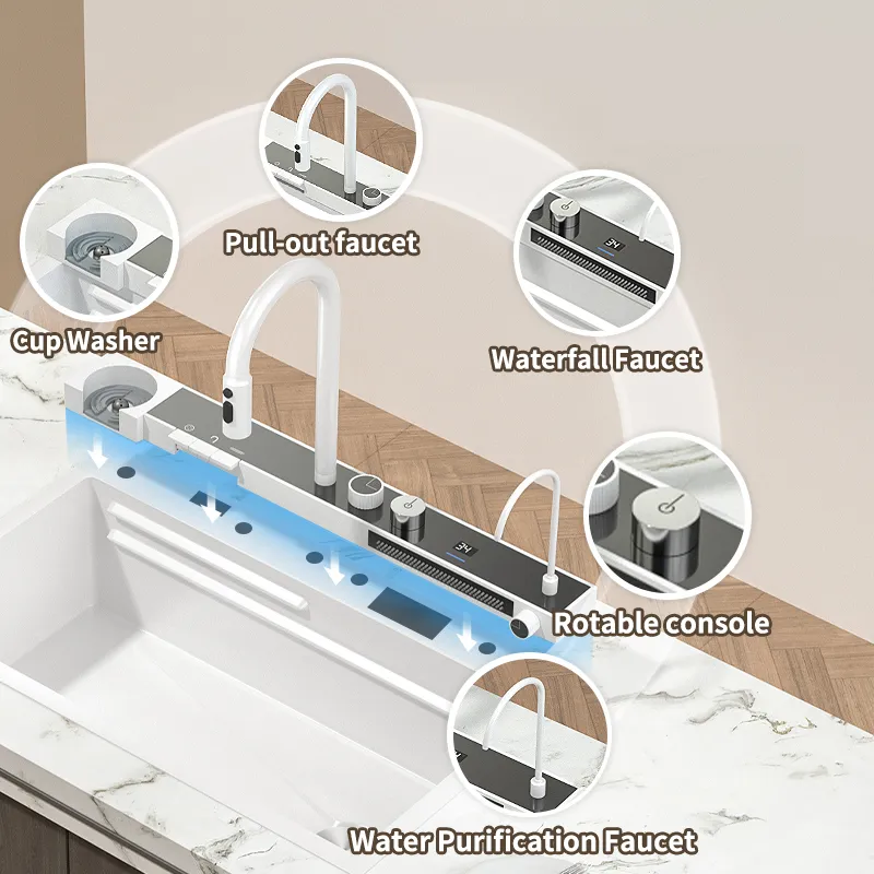 White One Piece  Waterfall Faucet 304 Stainless Steel Large Single Slot Bionic Honeycomb Black Wash Basin Kitchen Sink factory