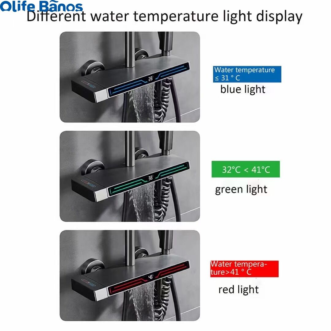 TikTok New Style 3 color light  Piano Key LED Shower Set 4 Functions Brass Thermostatic Bathroom Shower Faucet Set details