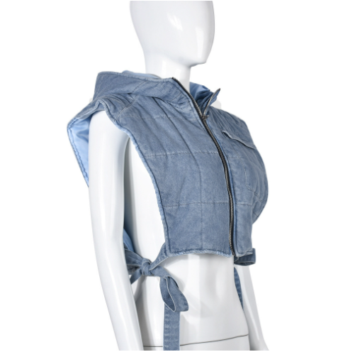 Vintage Hooded Puffer Denim Vest Coat Jacket Women2023 Streetwear Side Slit Bandage Cargo Short Jeans Denim Vest With Hooded details