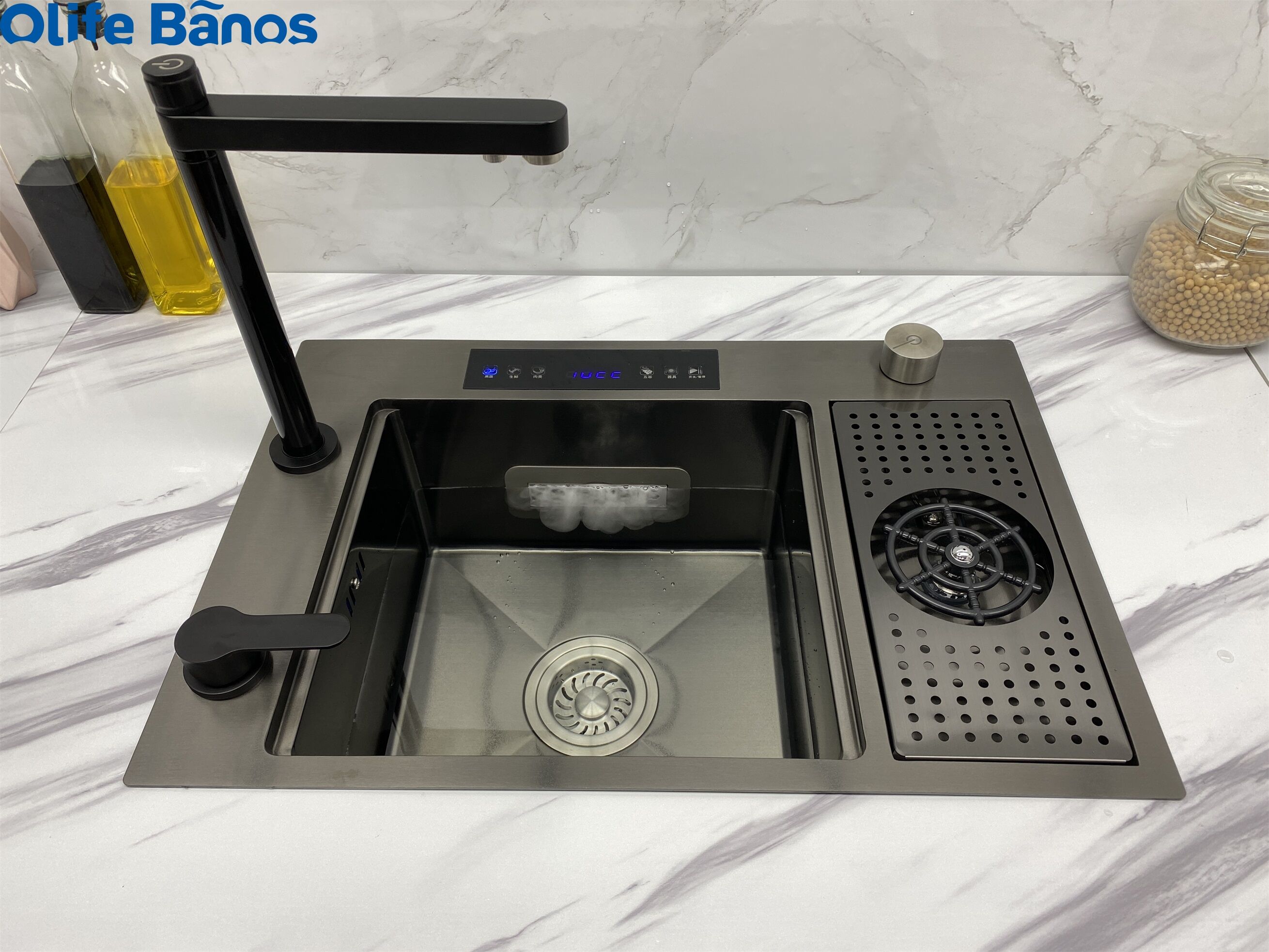 ultrasonic dual catalyst purification sink single bowl handmade 304 stainless steel hidden kitchen sink with glass rinser factory