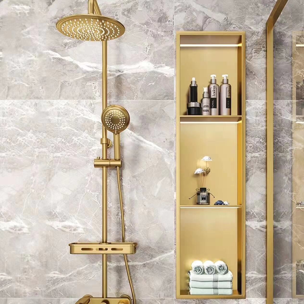 Bathroom accessories wall mounted recessed shelf gold  one two three layers  304 stainless steel waterproof shower niches metal details