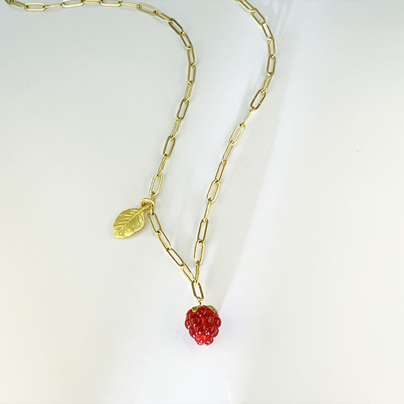 Fashion Women Glass 18k Gold Plated Stainless Steel Fruit Raspberry Glass Pendant Bracelet Necklace Jewelry factory