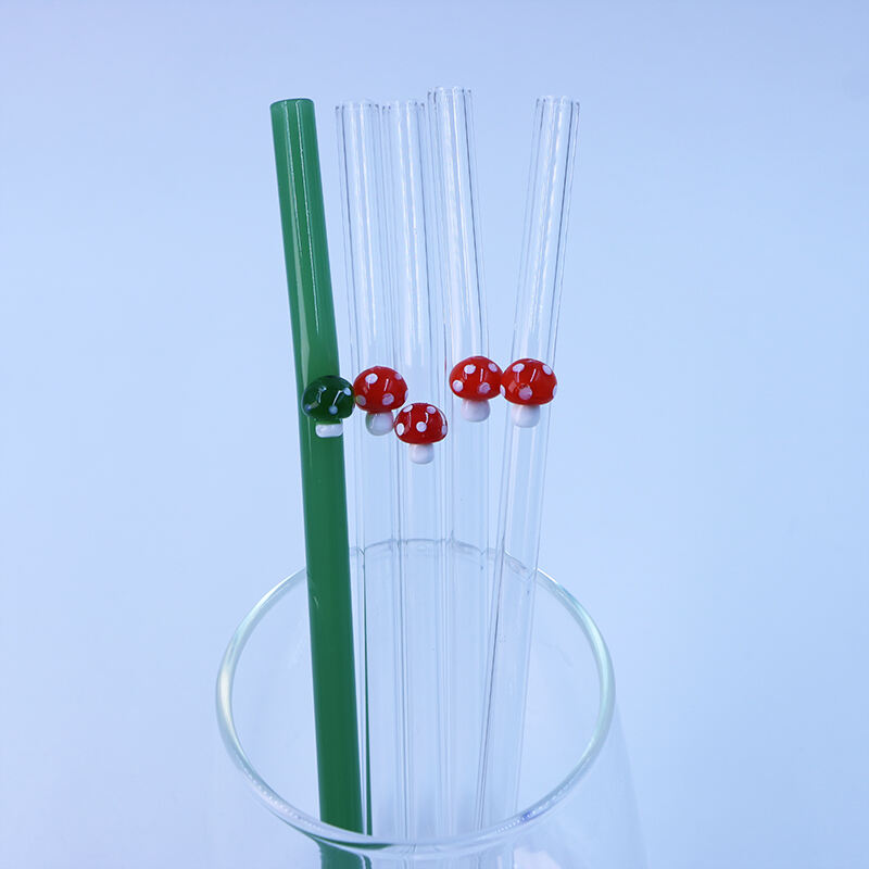 20cm 8mm Eco Friendly Reusable Borosilicate Clear Bent Glass Drinking Straw With Mushroom factory