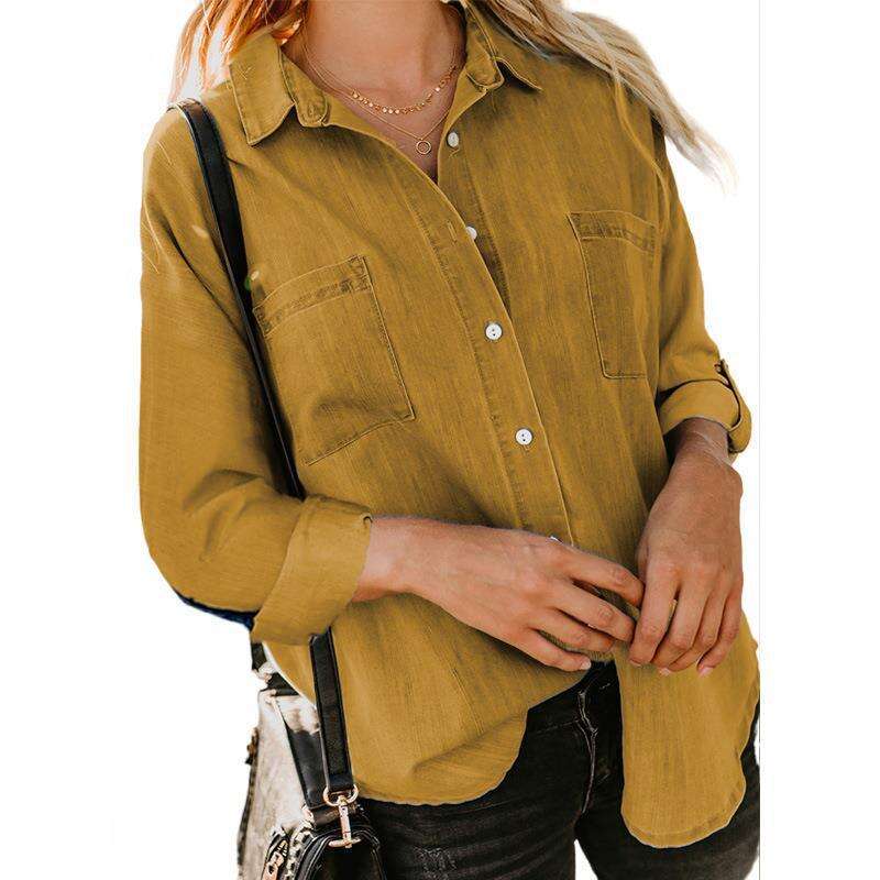 Denim Shirt for Women Collared Button Down Long Sleeve Jean Shirt Top Loose Lightweight Denim Jacket with Pockets details