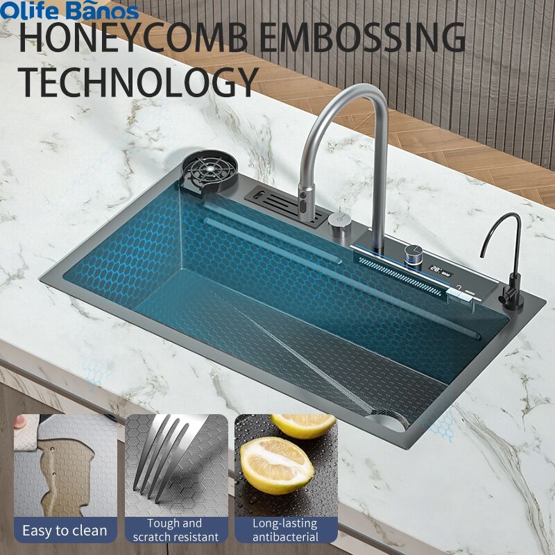 2023 Newest Design 304 Led Digital Display 2 Piano Key Waterfall Faucet Bionic Honeycomb Ceramic Kitchen Sink With Cup Washer factory