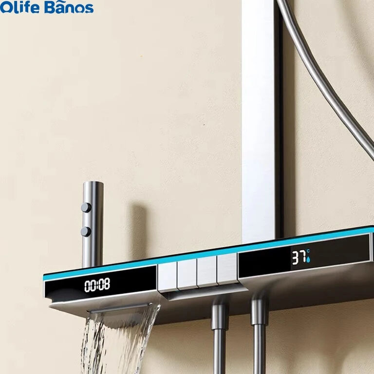 Olife Banos Grey Piano Button Ambient Light Bathroom Shower Full Set Digital Display Shower System Sets Rain Faucets Shower Set