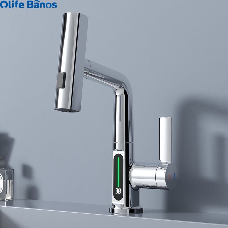 Olifebanos matt black digital  go up and down basin mixer lavatory faucets with pullout deck mounted LED display black factory