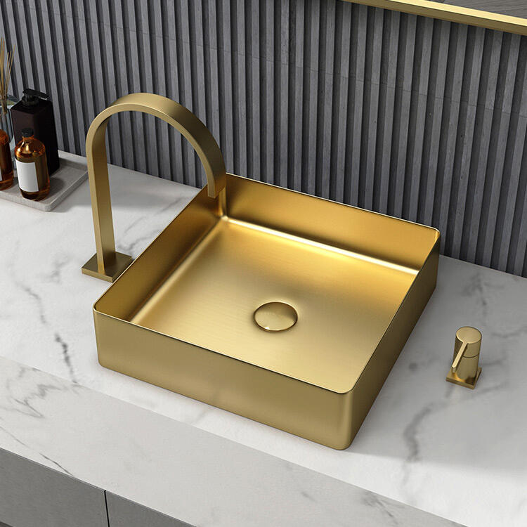 High Quality Durable Thin Edge Bathroom Square Wash Basin Stainless Steel Cabinet Decor Gold Faucet Bathroom Sink manufacture