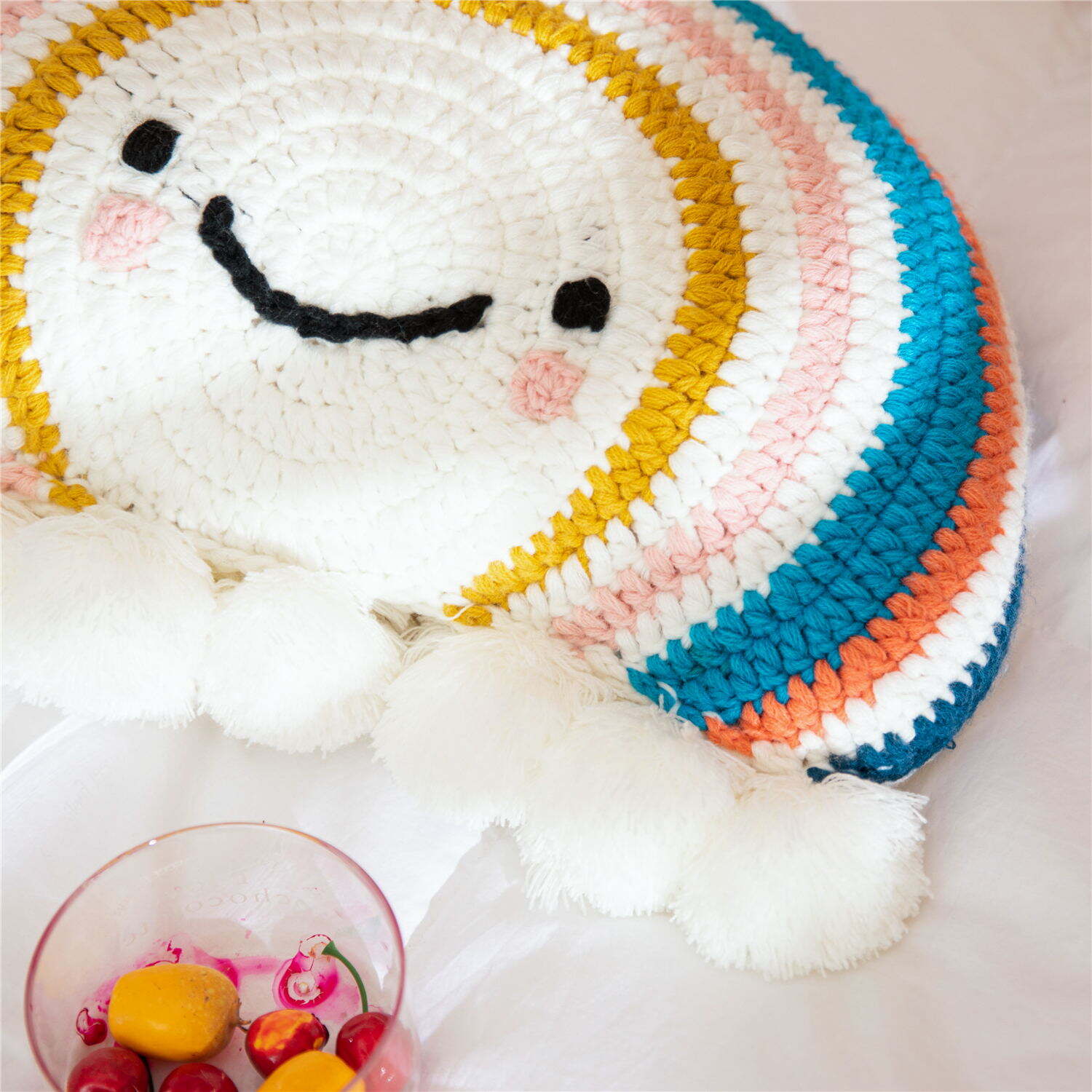 Md Cute Kids Baby Throw Knitted Crochet Girl Pom Pom Round Knot Ball  Acrylic Cable  Flower Rainbow Pillows Case Cushion of Gift details