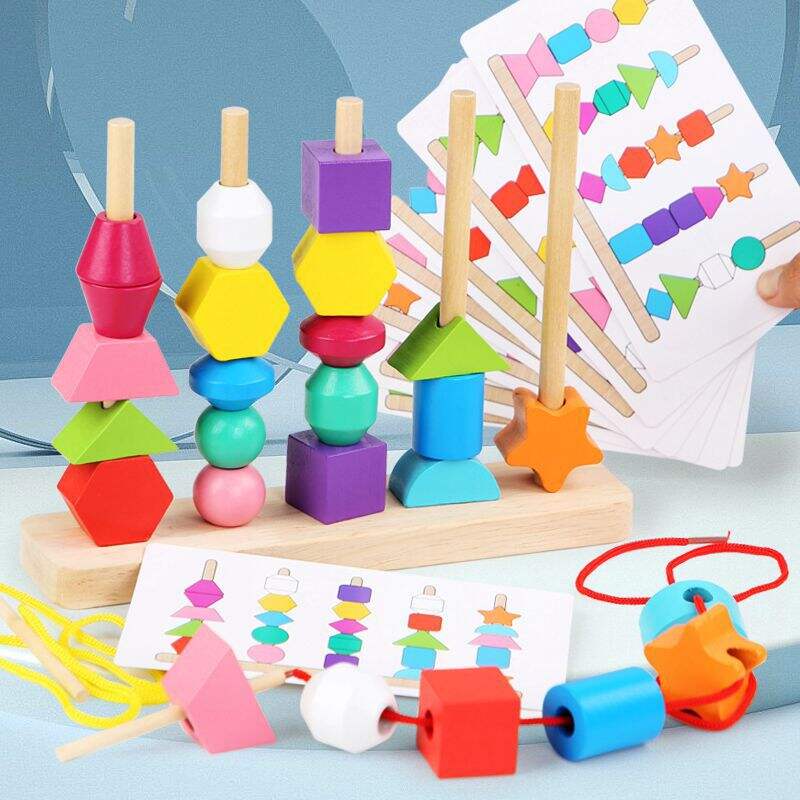 Wooden Montessori Stacking Blocks Lacing Bead for kids