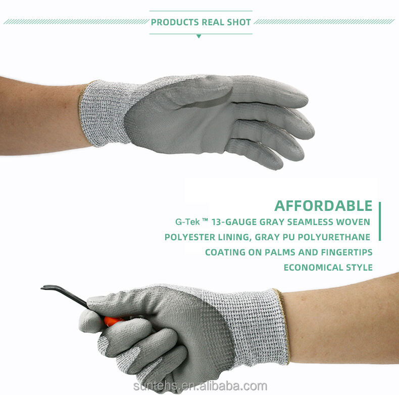 High quality PU palm finger coating protective gloves 16-560 gray seamless weave gloves details