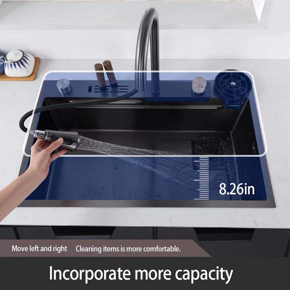 2023 New Extended Multifunctional  Waterfall Faucet Stainless Steel 304 Single Bowl Kitchen Sink With Glass Rinser  Garbage Can supplier