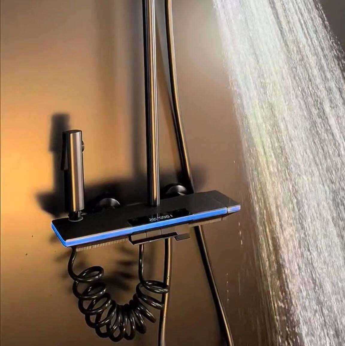 2023 new design bathroom gunmetal white color blue led light  piano key shower head faucet hot cold shower set details