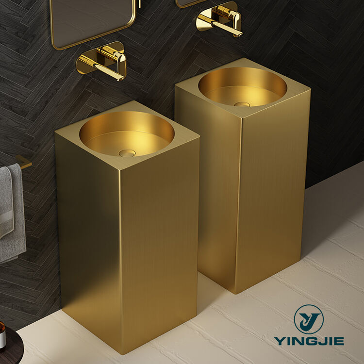 Big Size Square Bathroom Renovation Decoration Gold Color Square Shape Pedestal Wash Basin for Hotel Villa