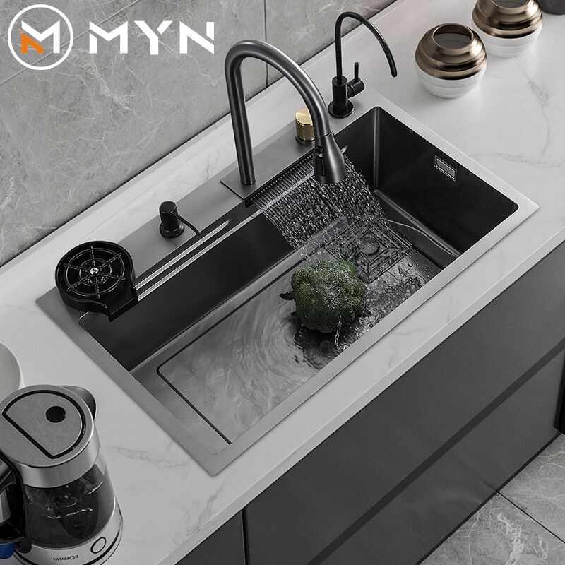 Tiktok Trends Stainless Steel All in One Kitchen Sink With Pull Down Faucet Waterfall Kitchen Faucet With Kitchen Drain supplier