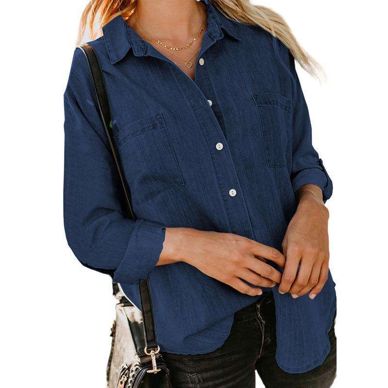 Denim Shirt for Women Collared Button Down Long Sleeve Jean Shirt Top Loose Lightweight Denim Jacket with Pockets details