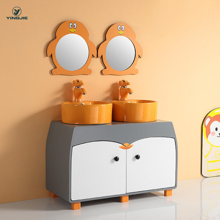 single sink free standing penguin cartoon color bathroom vanity cabinet with mirror manufacture