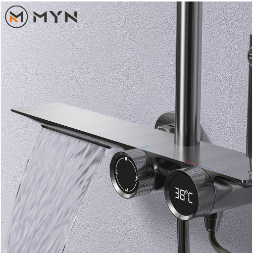 Meiyani Amazon hot sale rainfall water fall  silver  brass matte bathroom shower faucet mixer set taps column supplier