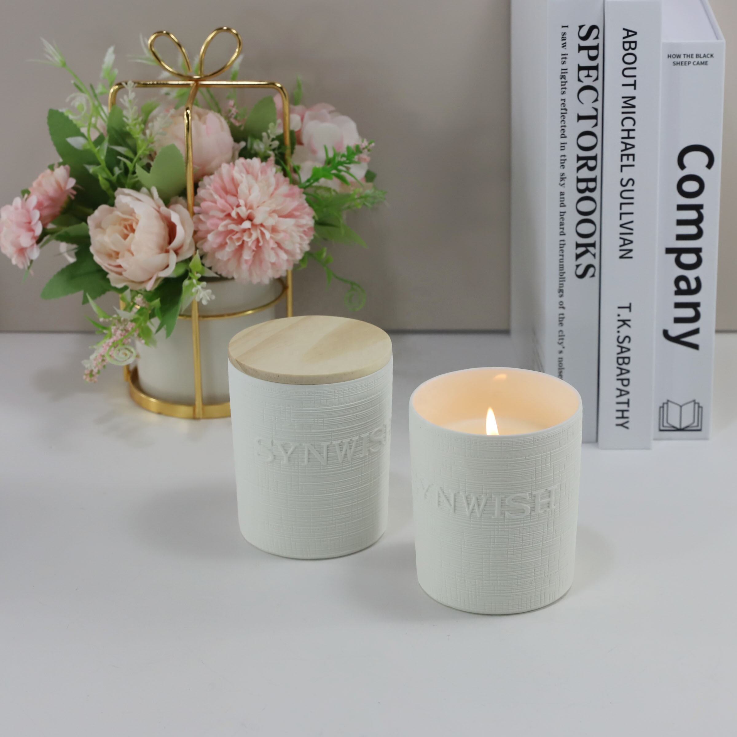 Synwish embossed empty  custom candle jars ceramic porcelain candle holder ceramic candle vessel with lid diffuser jar factory