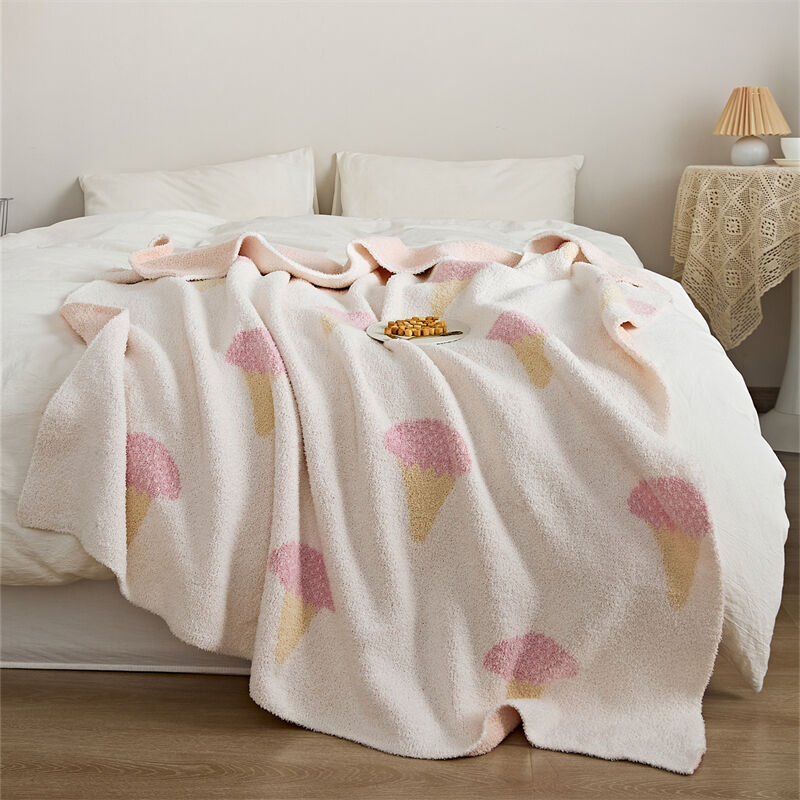 BJL Super Soft Pink Cartoon Ice Cream Microfiber Knitted Throw Blanket Children Gift Home Bed details