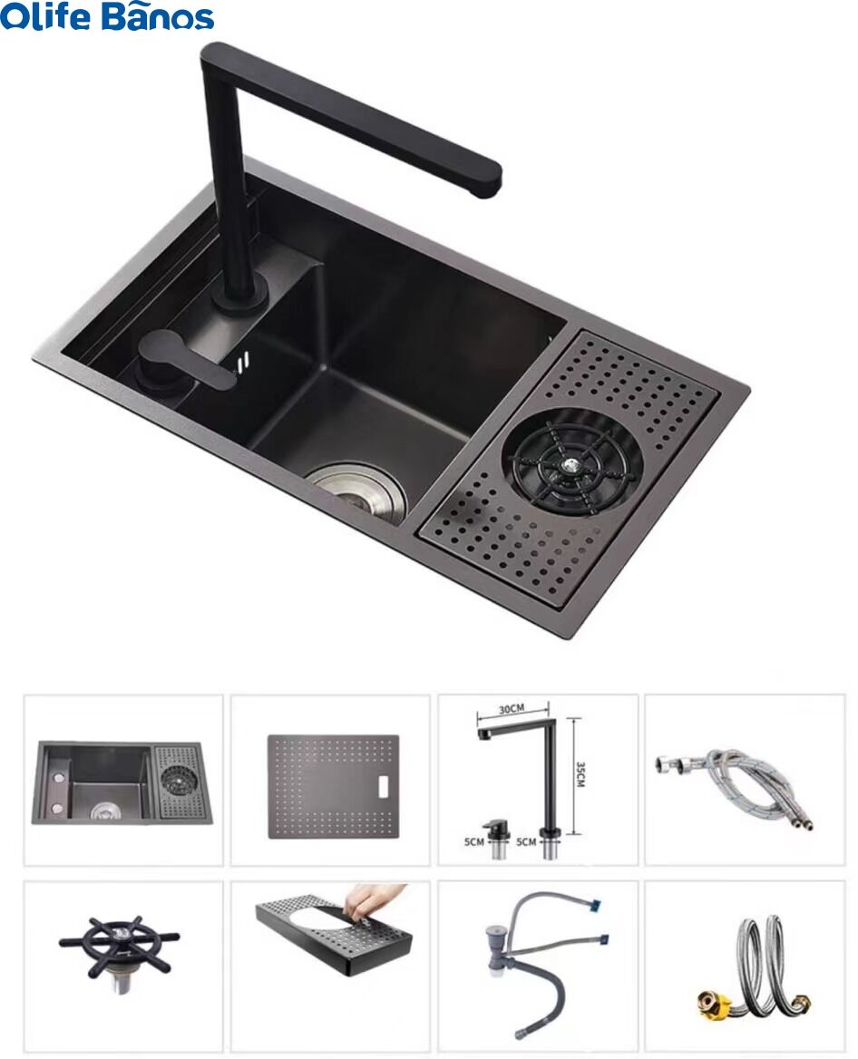 Amazon hot sale 304 sus  black kitchen concealed  hidden lift taps sink basin  with cup washer  drain off details