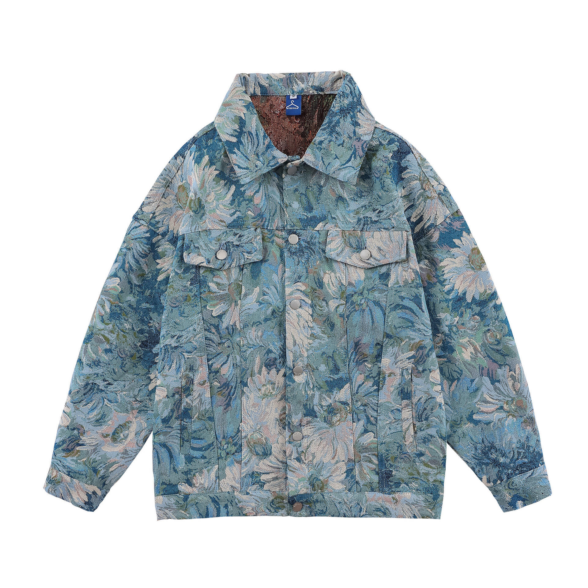 Custom Denim Jacquard Retro Flower Oil Painting Jacket Men's Loose Casual Couples Coats details