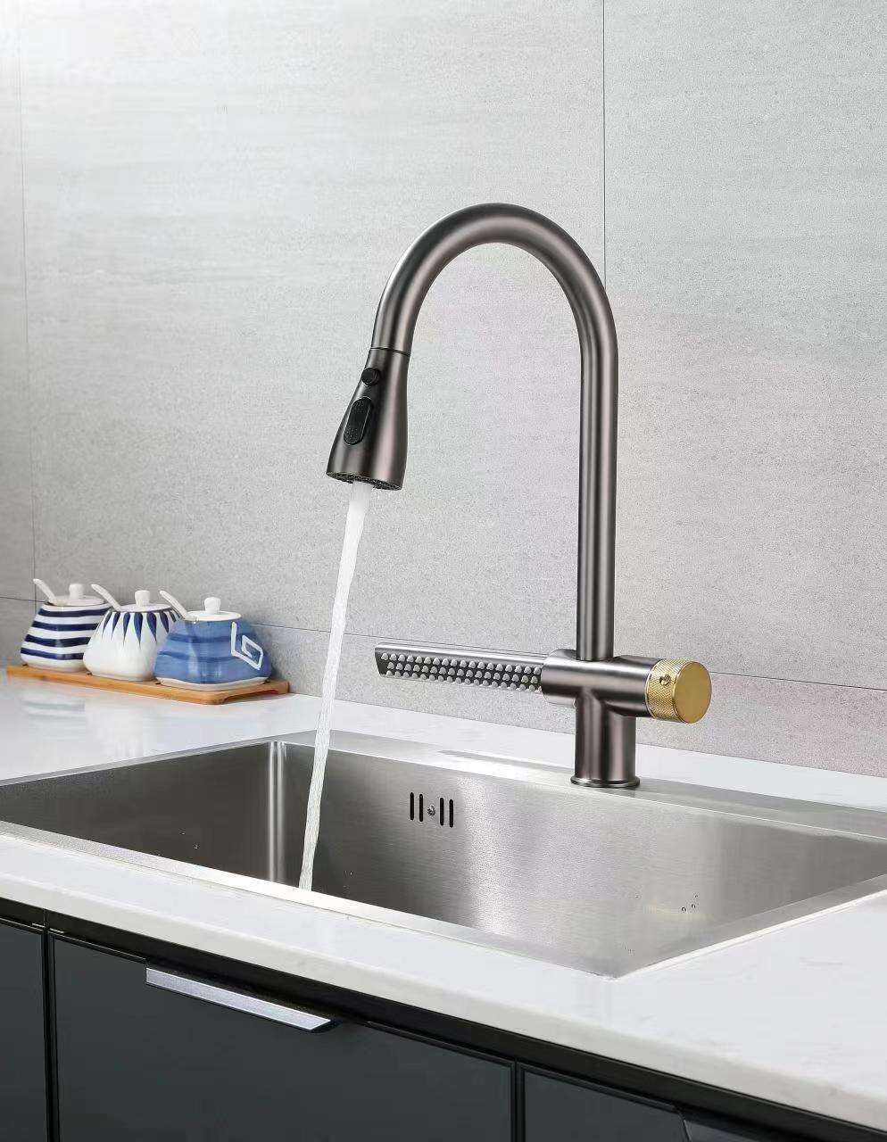 Amazon Latest Design Gunmetal 304 Stainless Steel Rotatable Water fall Rainfall Sink 360 degree swivel spout Kitchen Faucet manufacture