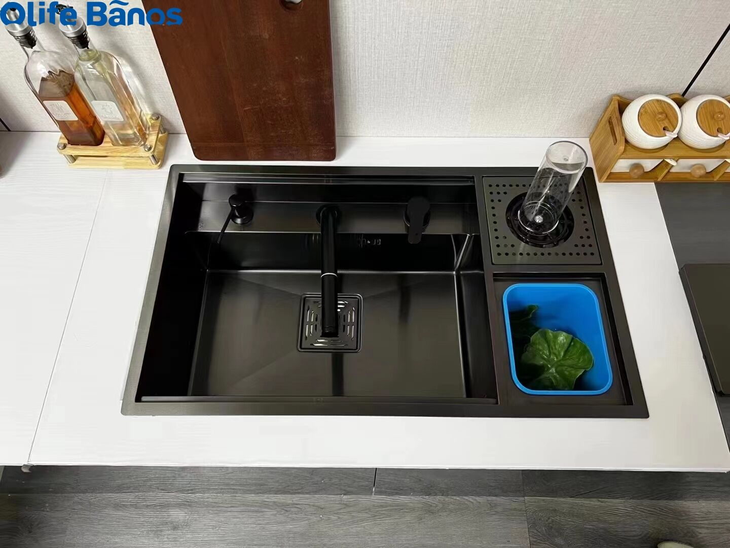 Tiktok trend sink stainless steel 304 black kitchen household hidden single sink with cup washer  trash can supplier