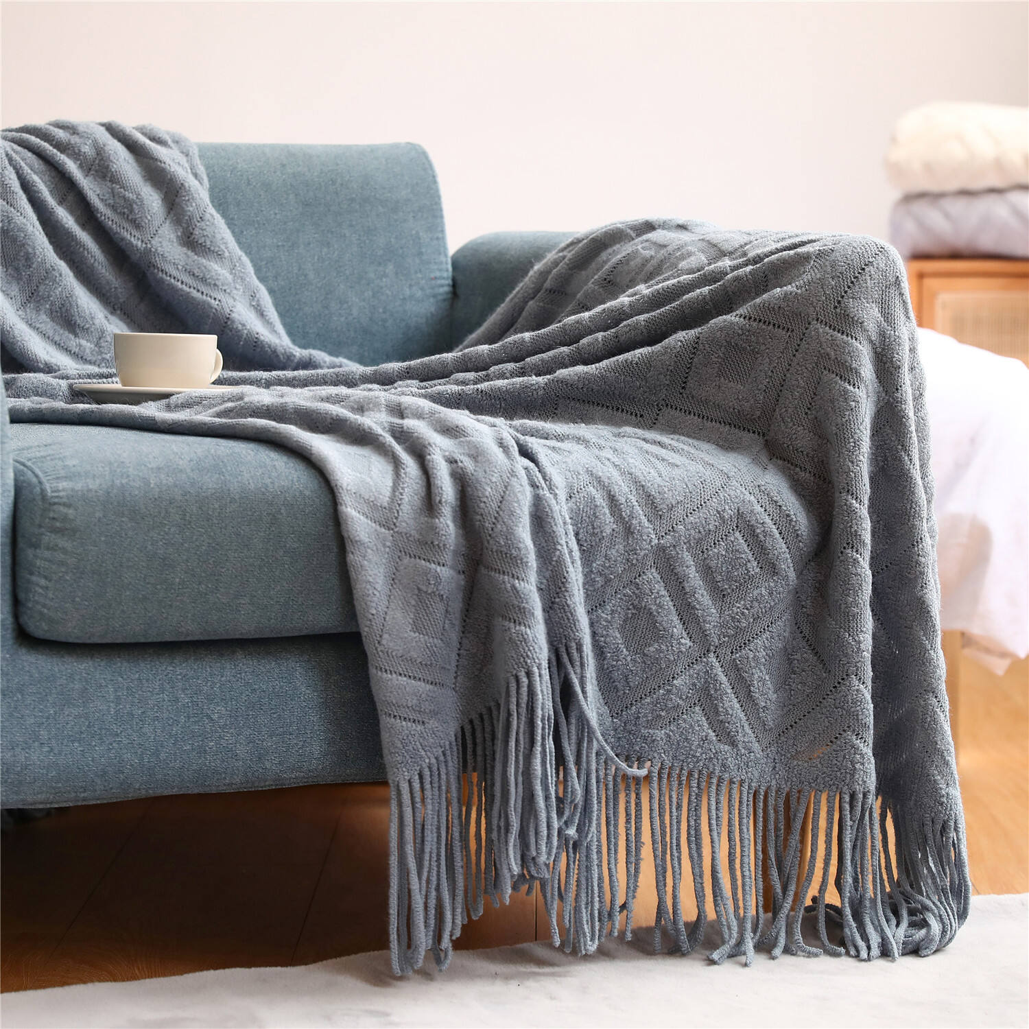 Aoyatex Home Soft Cozy Decorative Crochet Blanket Lightweight Acrylic Knitted Blanket With Tassels Throws And Blankets details