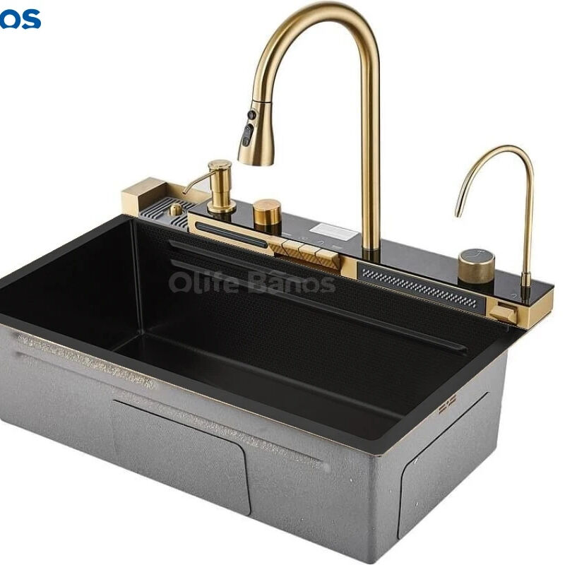 Tiktok  Trend Golden Tap Black Sink Nano SUS 304  Automatic Cup Washer Piano Digital Display Two Waterfall Faucet Kitchen Sinks