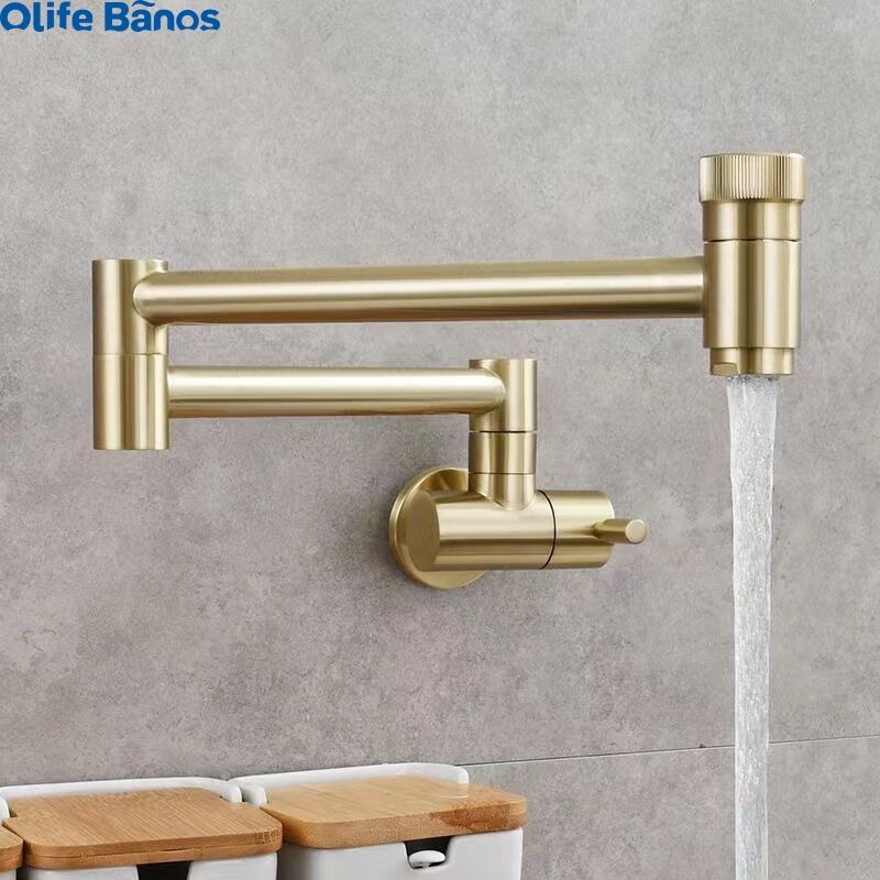 Gold Pot Filler Faucet Wall Mount Folding Kitchen Sink Faucet with Double Swivel Swing Arm factory