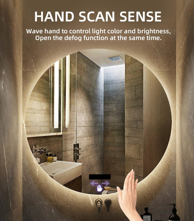 Bath Hand Scan body Sense Energy-saving Backlit Wall Mounted defog Mirrors with led light factory