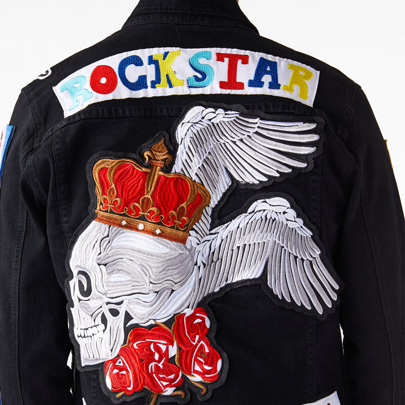 DiZNEW Customize Your Own Brand Logo Design Patch Embroidered Black varsity/letterman Denim Jacket details