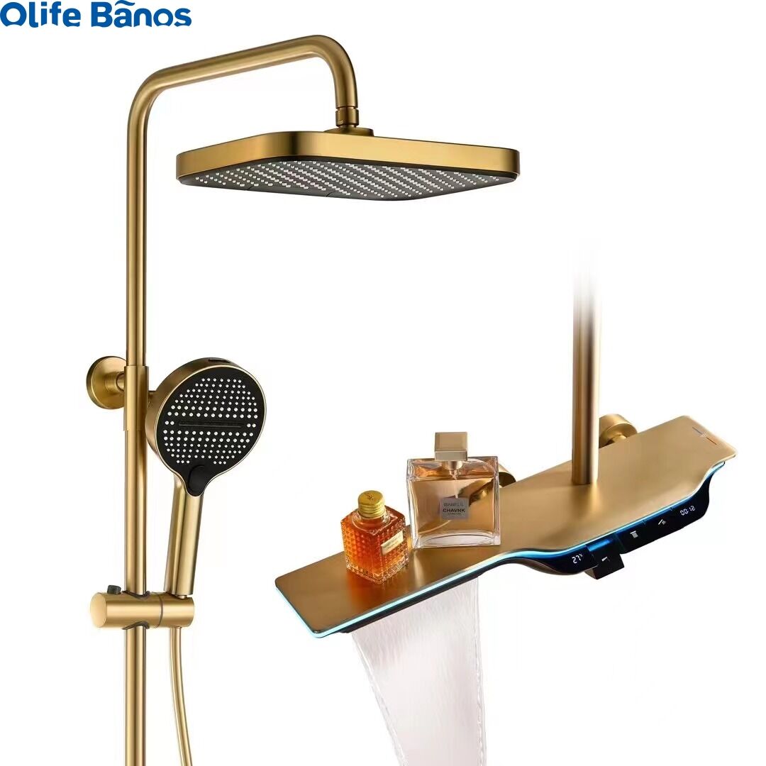 Olife Banos gold tiktok trend bathroom gunmetal piano key digital led  waterfall rainfall shower faucet hot cold shower set supplier