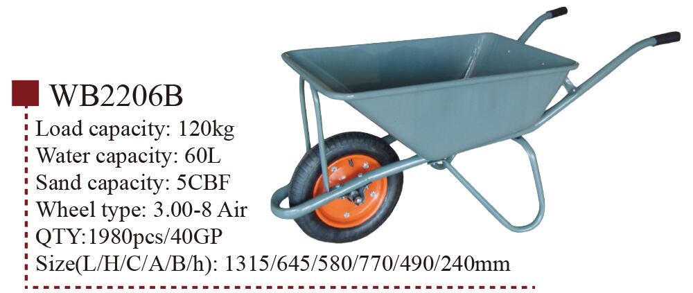 عربة اليد WB2206B، عربة العجلات، لبناء إنشاءات الحدائق، بإطار فولاذي، تصنيع العجلات الهوائية 3.00-8