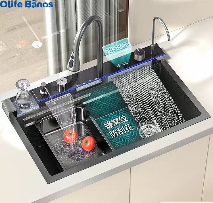 Tiktok  Trend 304 SS One Piece Piano Digital Display Two Waterfall Luminous LED Faucet Kitchen Sink With Honeycomb Surface details