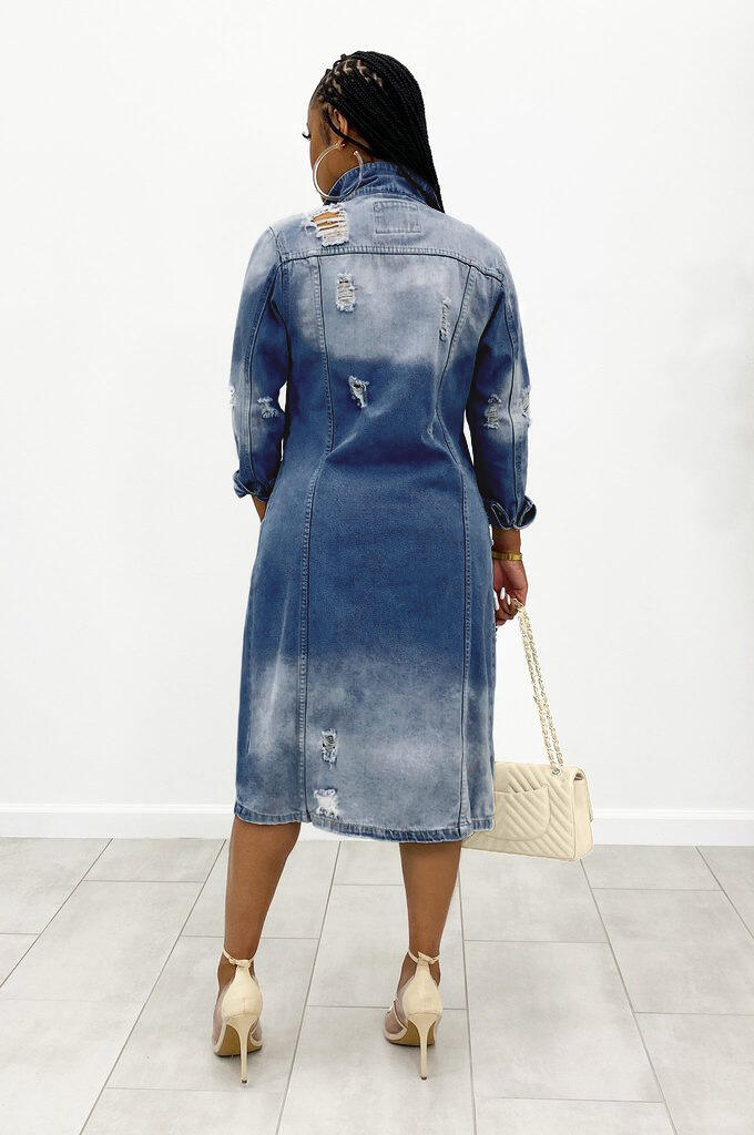 Denim Jacket Women's Solid Color Tassel Breasted Ripped Hole Long Denim Trench Coat details