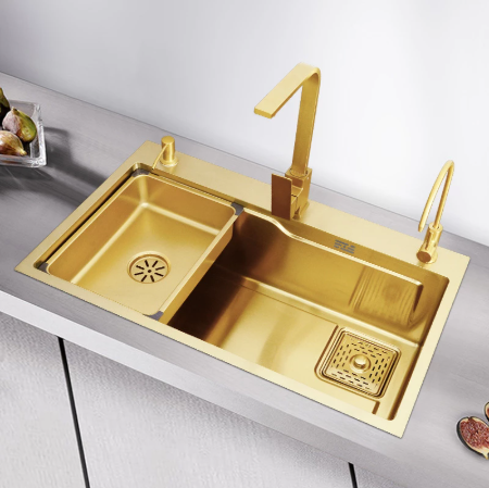 Brushed Gold Stainless Steel Nano Handmade Kitchen Sink Single Slot Under The Counter Multifunctional Table Board Sink Bowl