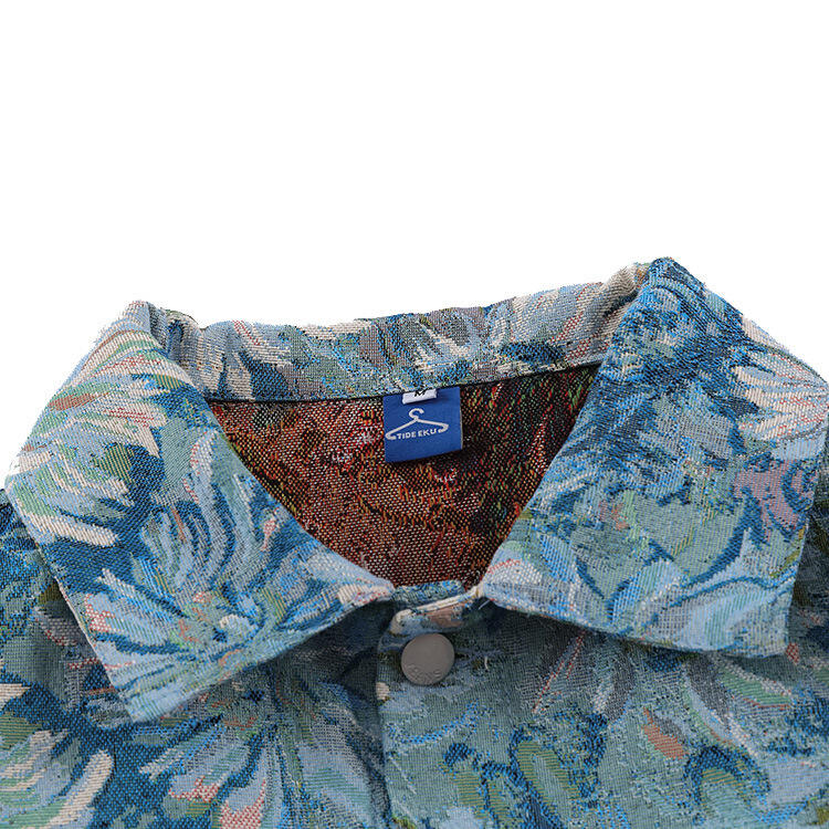 Custom Denim Jacquard Retro Flower Oil Painting Jacket Men's Loose Casual Couples Coats manufacture