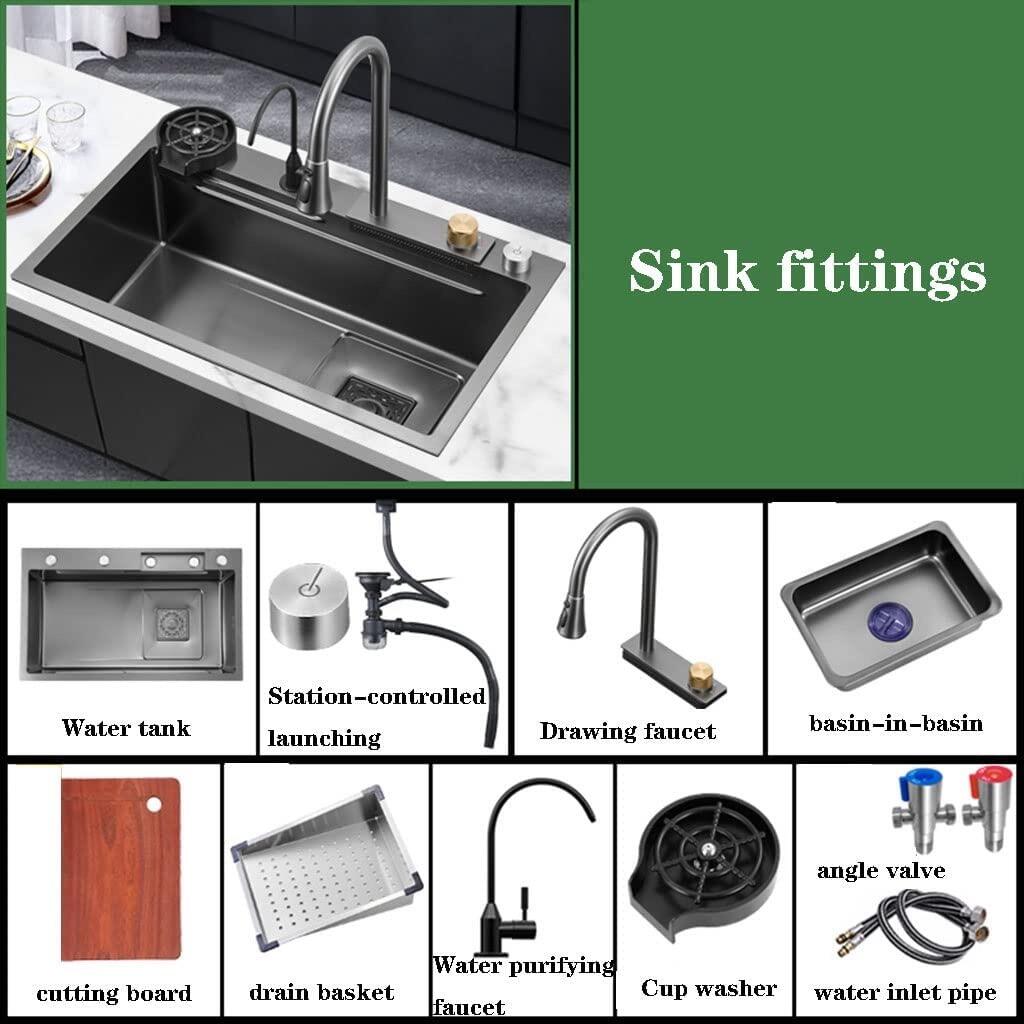 32 Inch  Black  Faucet Stainless Steel Sink  Waterfall Spout Large Single Bowl Kitchen Sink With  Auto Drainage details