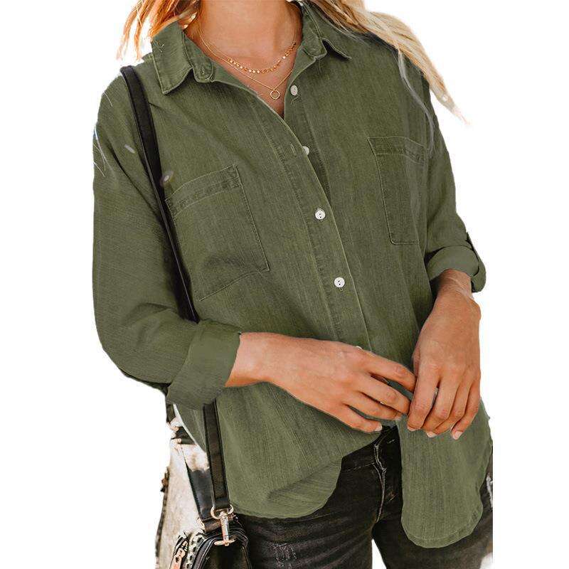 Denim Shirt for Women Collared Button Down Long Sleeve Jean Shirt Top Loose Lightweight Denim Jacket with Pockets supplier