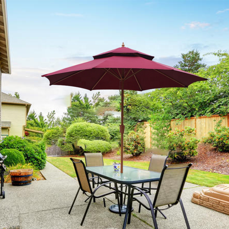 two layers Wood paint pole steel ribs 10ft middle post umbrella patio garden beach parasol details